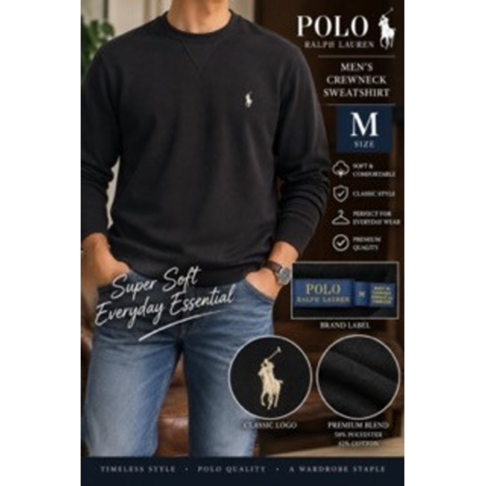 Polo Ralph Lauren Mens Crewneck Sweatshirt Black Double Knit Pony Logo Large